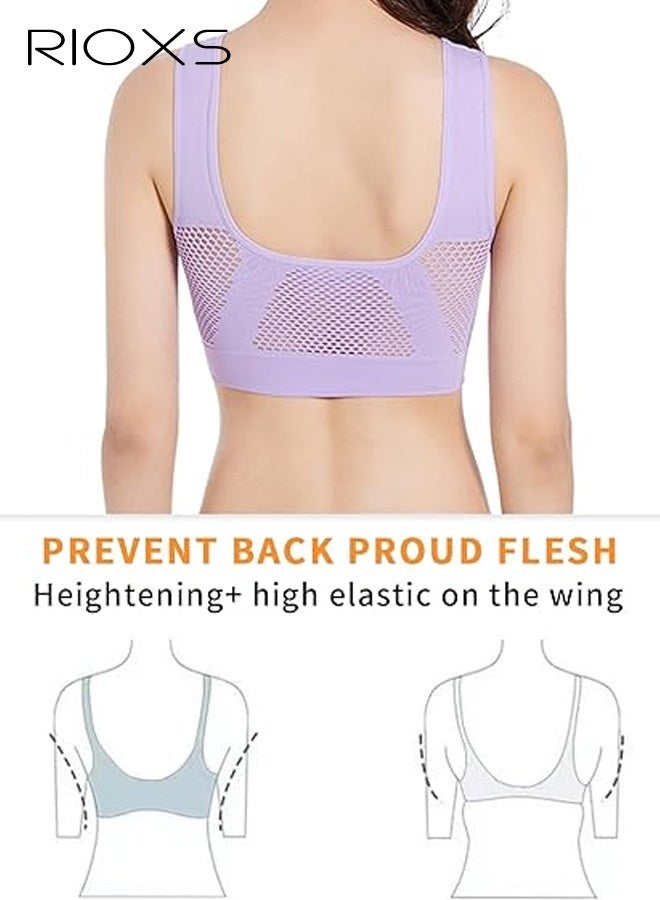 RIOXS Women's Sports Bra, Wireless Breathable Hollow Out Mesh Lingerie for Ladies, Soild Color Seamless Padded Yoga Fitness Bra, Everyday Bras Comfortable Underwear for Sport or Daily Wear, Purple - Image 5